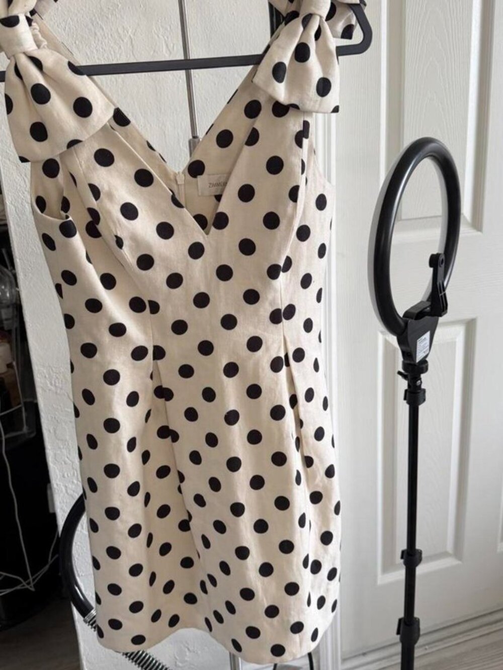 🤍 Zimmermann Corsage Tie Dress – Ivory/Black Polka Dot – NWT – Size 1 small
